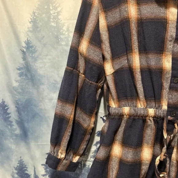 Blooming Jelly Plaid Flannel Shirt Dress With Puff Sleeves & Drawstring Waist S - Picture 5 of 7